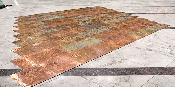 An example of etched large copper panels, to create a an etched copper floor in an art gallery, made using the photo etching / chemical milling process, by Etch Tech UK
