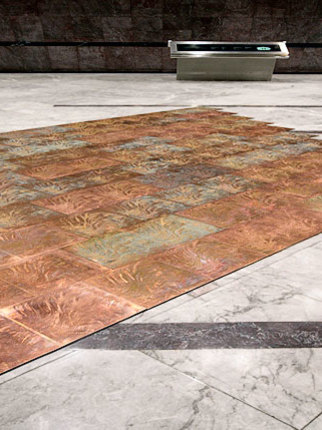 An example of etched large copper panels, to create a an etched copper floor in an art gallery, made using the photo etching / chemical milling process, by Etch Tech UK
